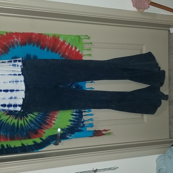 Earthbound Trading Co Flower Child Blue Flare Pants Sz S - Picture 4 of 8